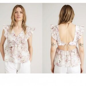 Munthe Herb Floral Silk Blend Ruffle Open Back Peplum Top Pink White Size 40